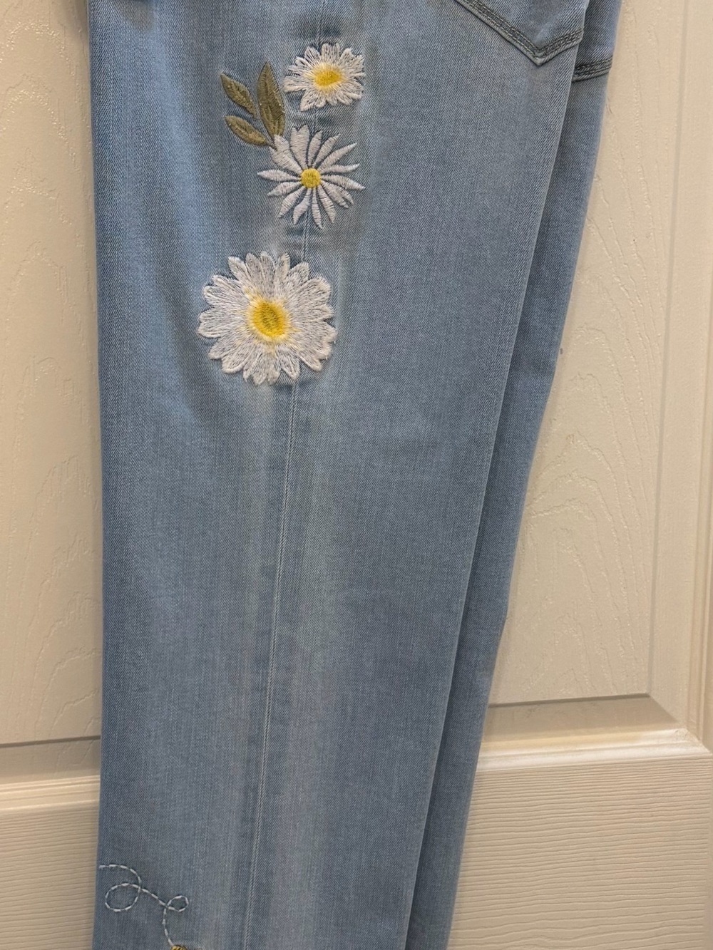 DRIFTWOOD Light Blue Daisy and Bumble Bee Embroidered Boot Cut Jeans - Picture 3 of 7